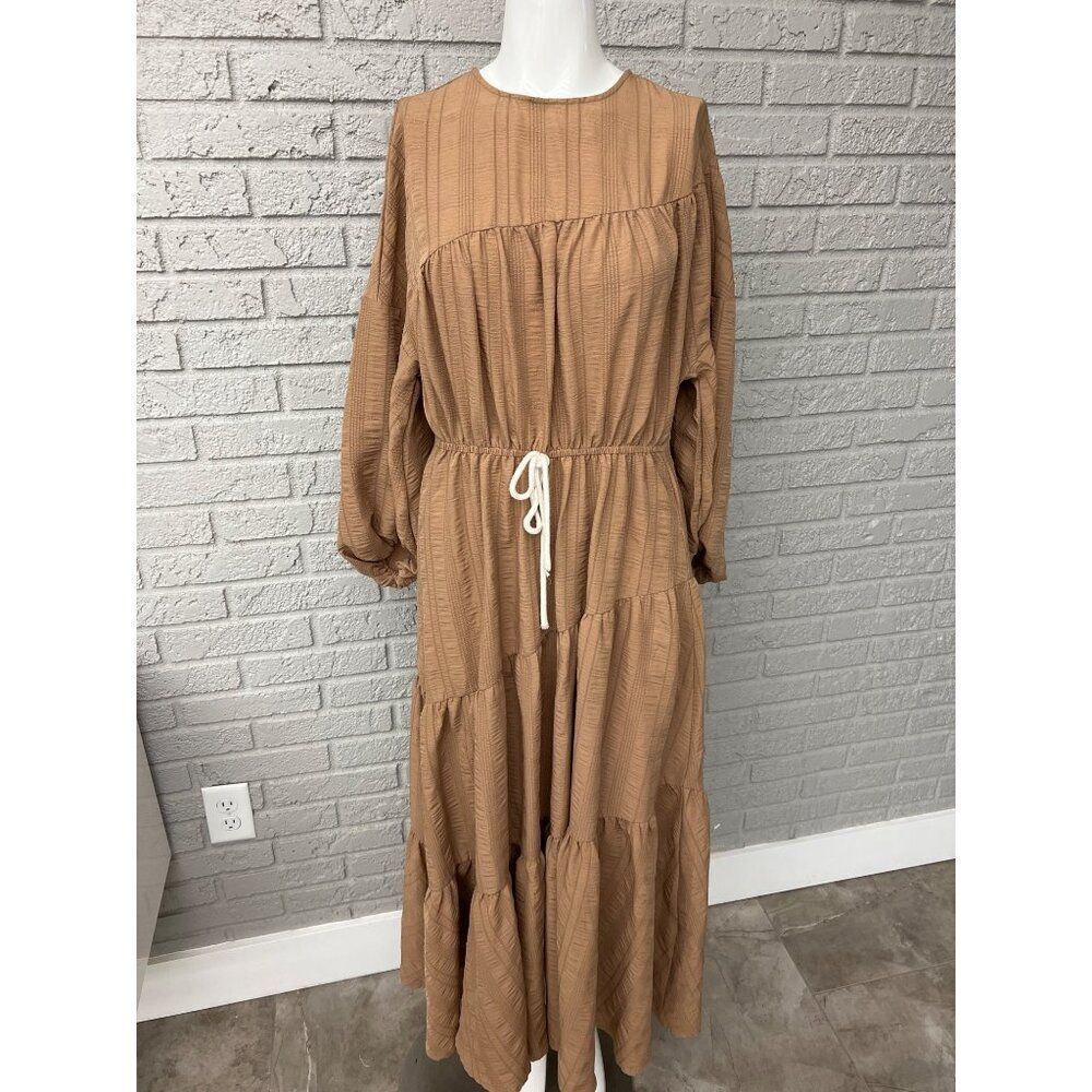 Shein Women Tan Textured Asymmetrical Tiered Balloon Sleeve Maxi Dress Size 2